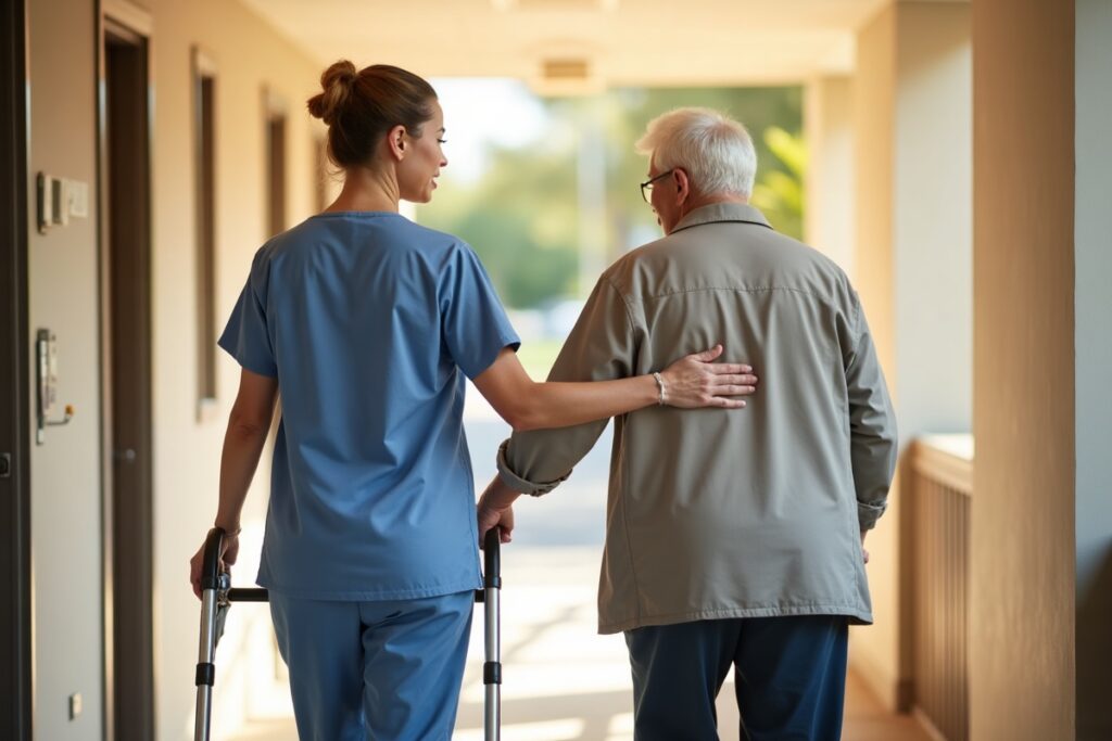 Caregiver assisting an older adult with daily living activities