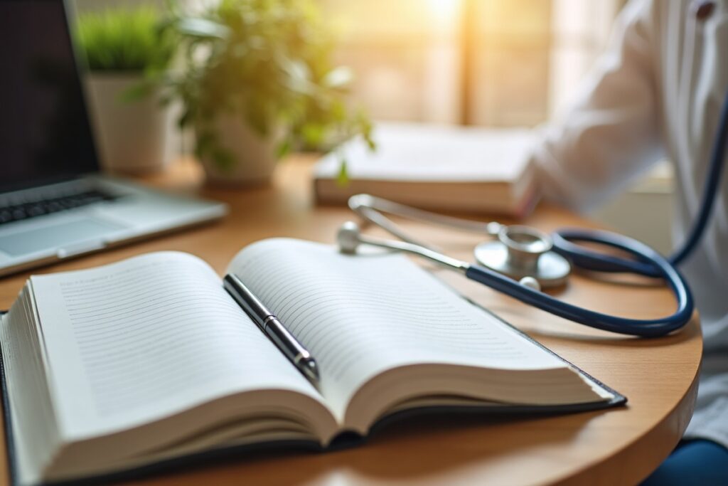 CNA study workbook and equipment on a table