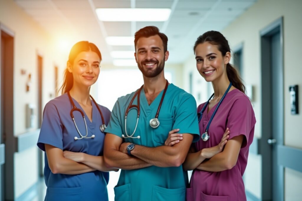 Three nursing roles side by side in a hospital corridor