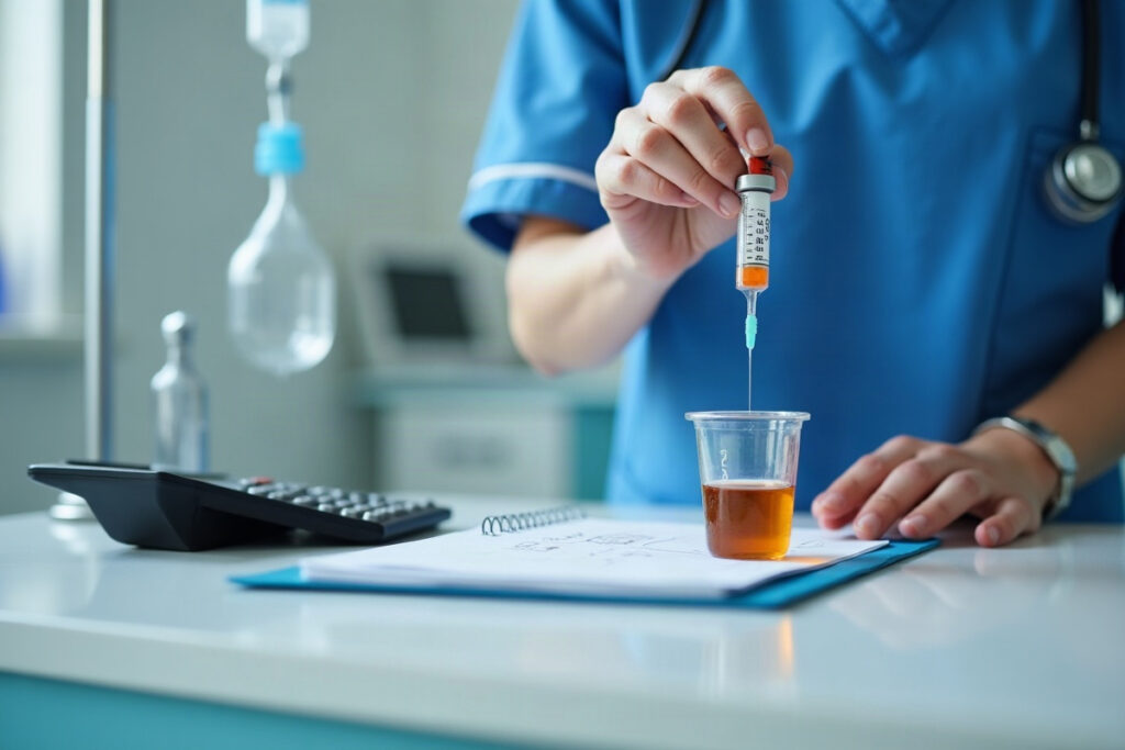Nurse calculating and drawing up a medication dose with a syringe, vial, and calculator