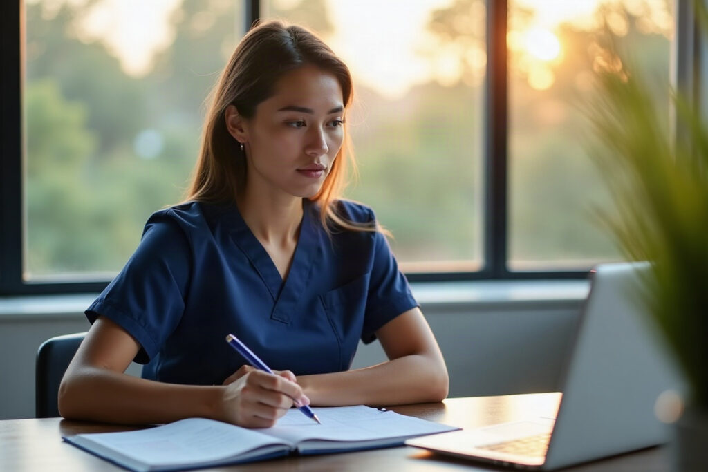 Nursing graduate studying again at a sunlit table while preparing for an NCLEX retake