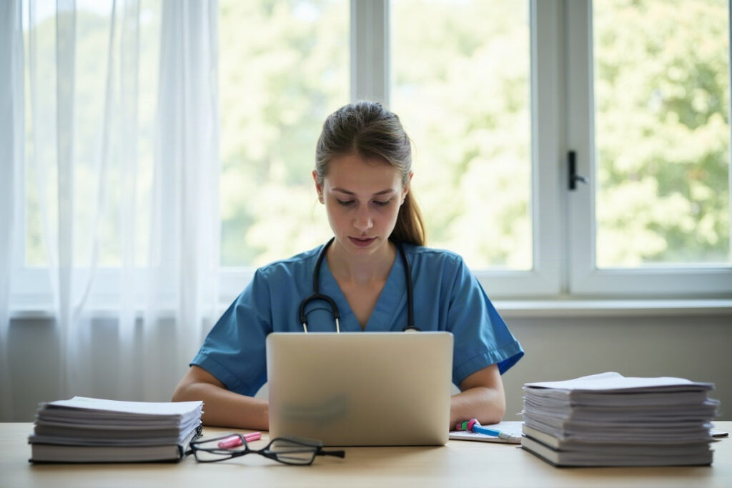 Nursing student comparing two sets of entrance exam study materials at a desk