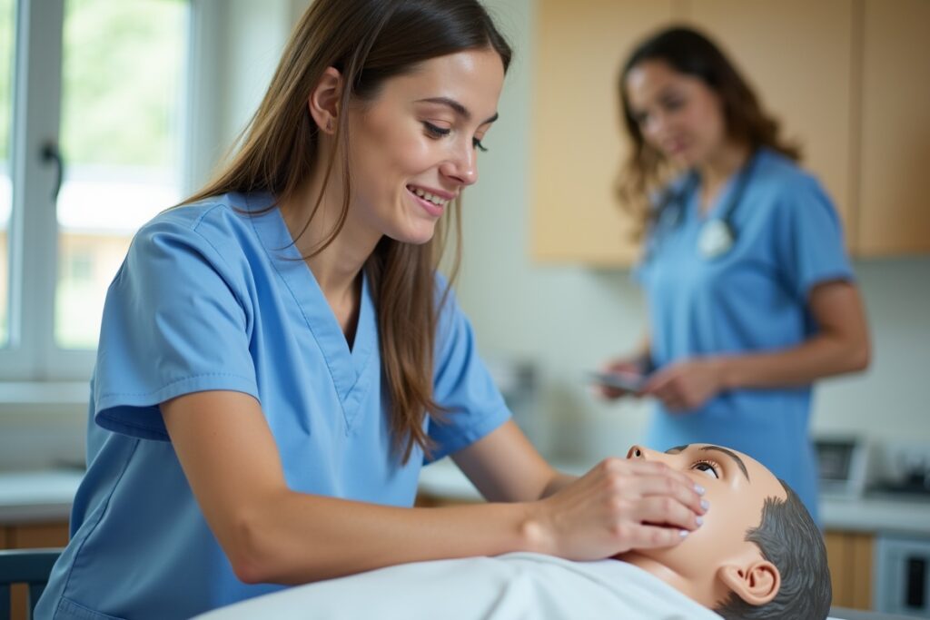 CNA student practicing skills in a training lab