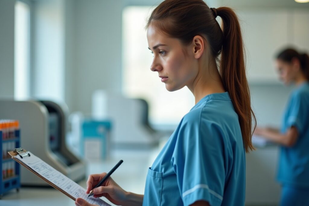 Nurse interpreting laboratory results at a lab bench