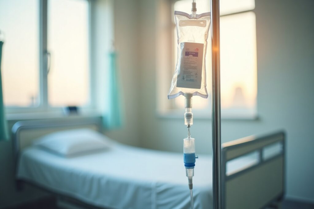 IV fluids hanging in a hospital room, fluid and electrolyte balance