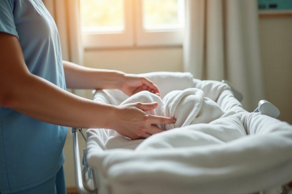 Maternity nurse caring for a newborn in a hospital bassinet