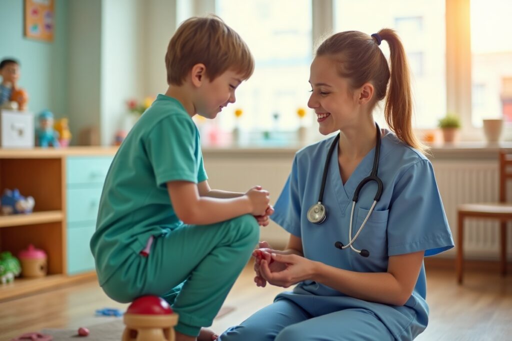 Pediatric nurse caring for a child in a bright clinic