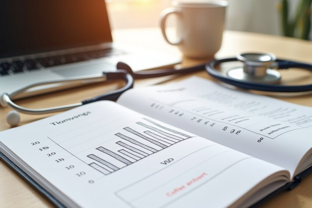 Desk with charts and laptop representing NCLEX-RN pass rate statistics