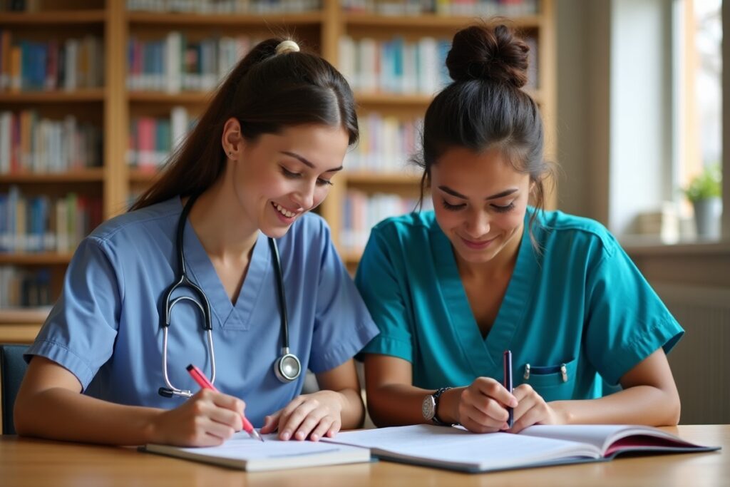 Two nursing students comparing NCLEX-RN and NCLEX-PN paths