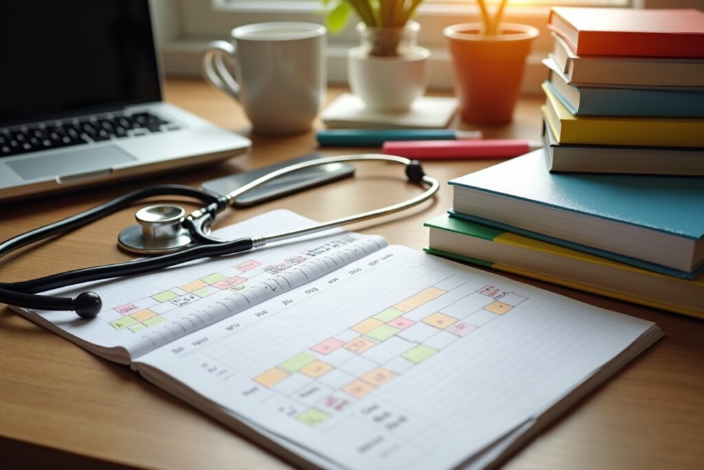 Nursing student's desk with a color-coded NCLEX study calendar, planner, and textbooks