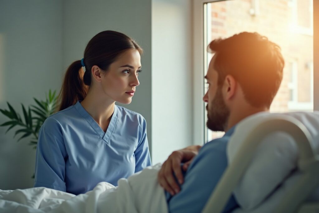 Nurse listening attentively at a patient bedside