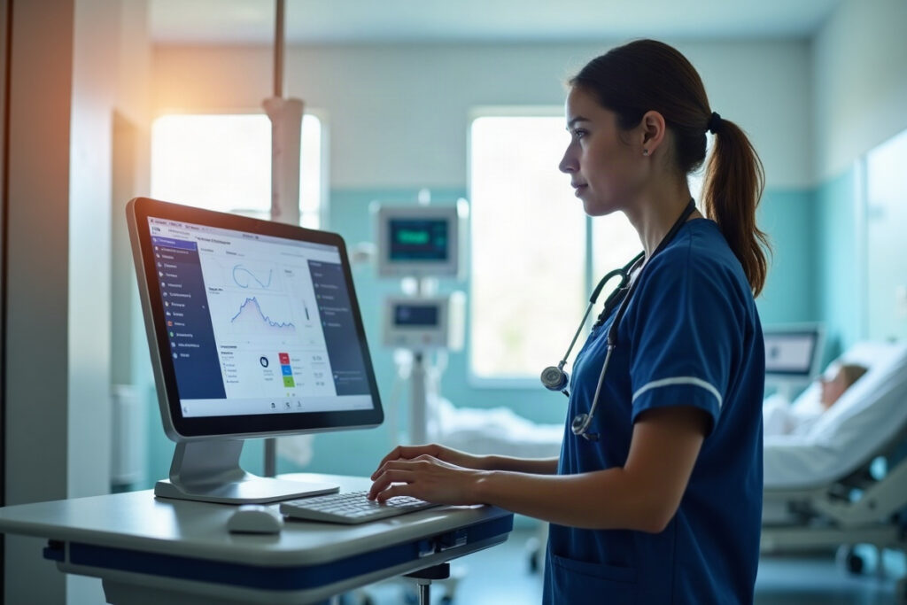 Nurse at a hospital computer workstation reviewing a patient chart during an unfolding clinical case