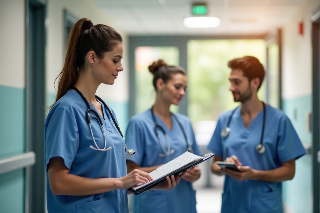 Charge nurse prioritizing assignments and delegating at a nurses station