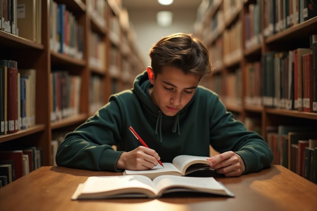 Student practicing reading comprehension in a library