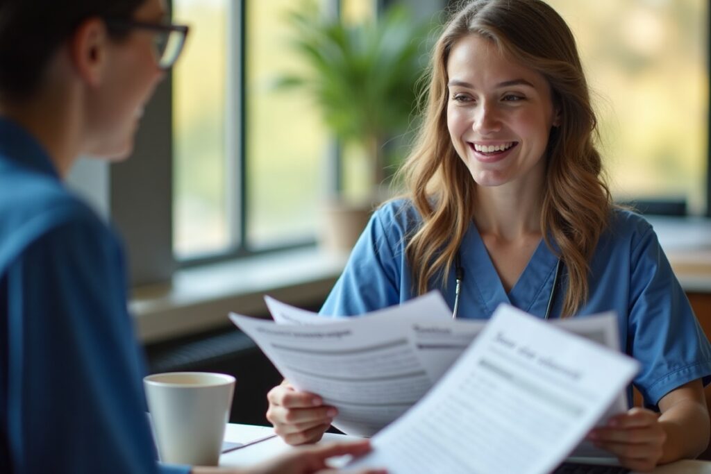 Nursing school applicant reviewing an ATI TEAS 7 score report at an admissions office desk