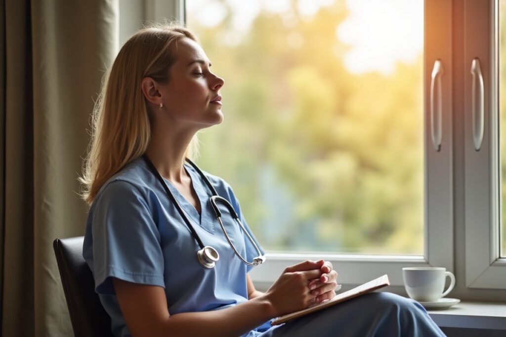 Nursing student practicing calm breathing to manage test anxiety