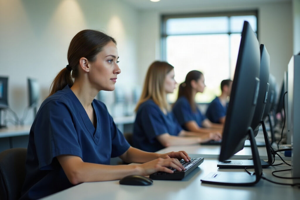 Nursing assistant student retaking the CNA competency exam at a testing center computer