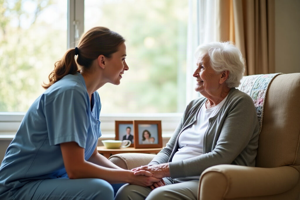 Nurse aide listening at eye level to an elderly resident seated in her own room, showing dignity and respect