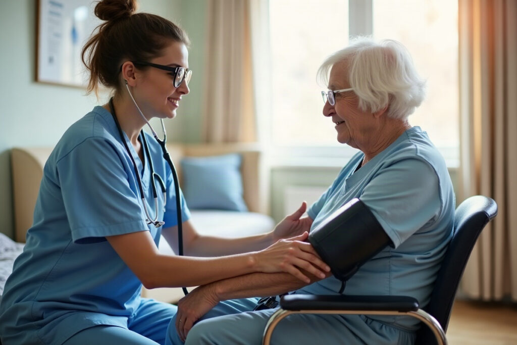 Nurse aide measuring an elderly patient's blood pressure with a manual cuff and stethoscope