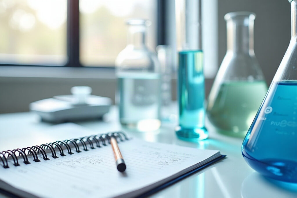 Chemistry lab bench with beakers, flasks, a graduated cylinder and study notes
