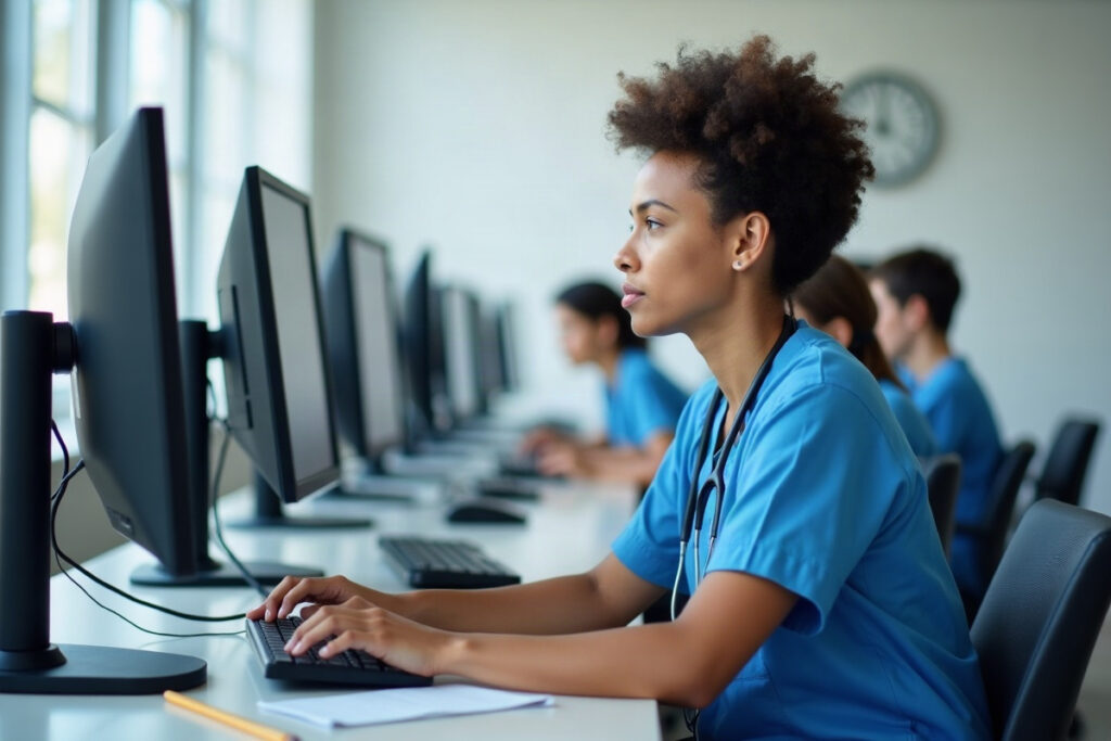 Pre-nursing student taking a timed computer-based TEAS 7 exam in a university testing lab