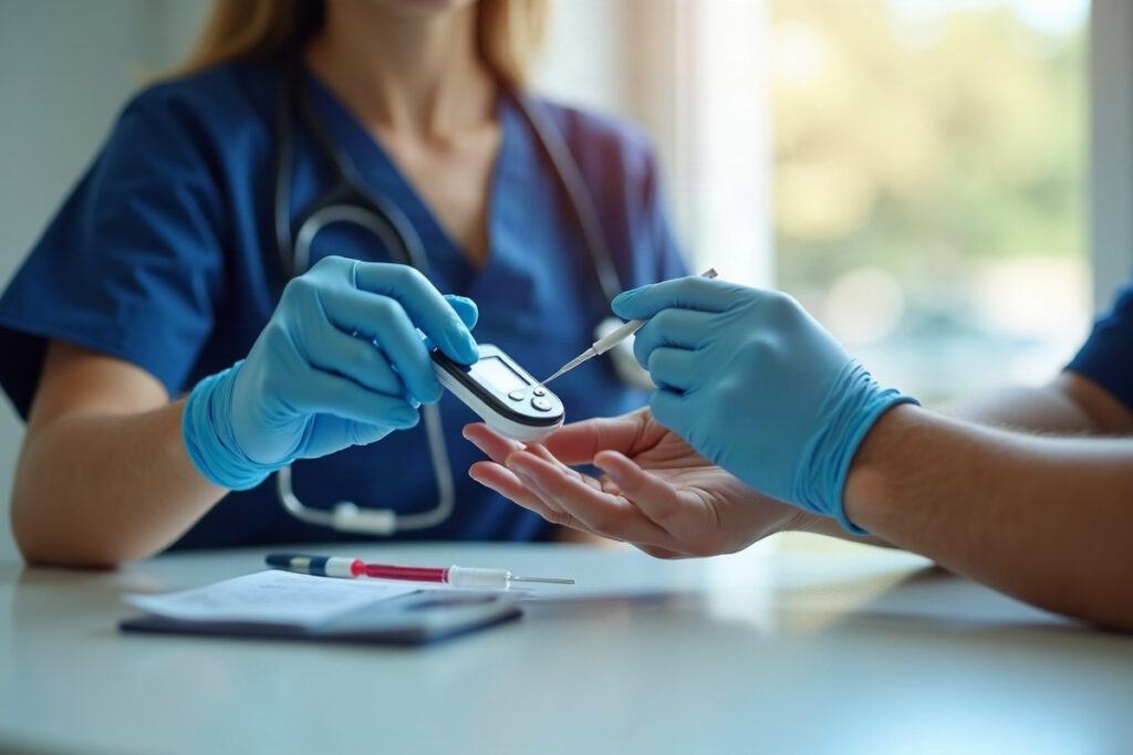 Nurse performing a fingerstick blood glucose check with a handheld glucose meter and insulin pen nearby