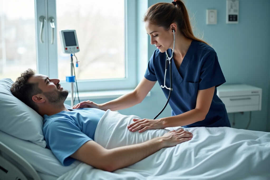 Nurse auscultating a patient's abdomen during a gastrointestinal assessment in a hospital room