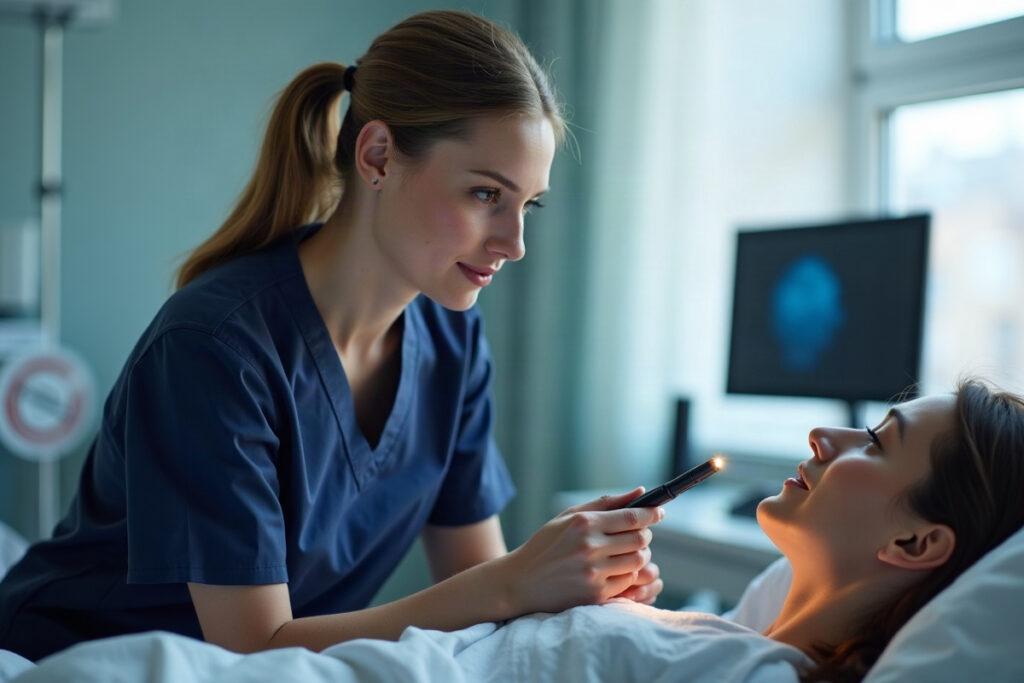 Nurse checking a patient's pupil response with a penlight during a neurological assessment