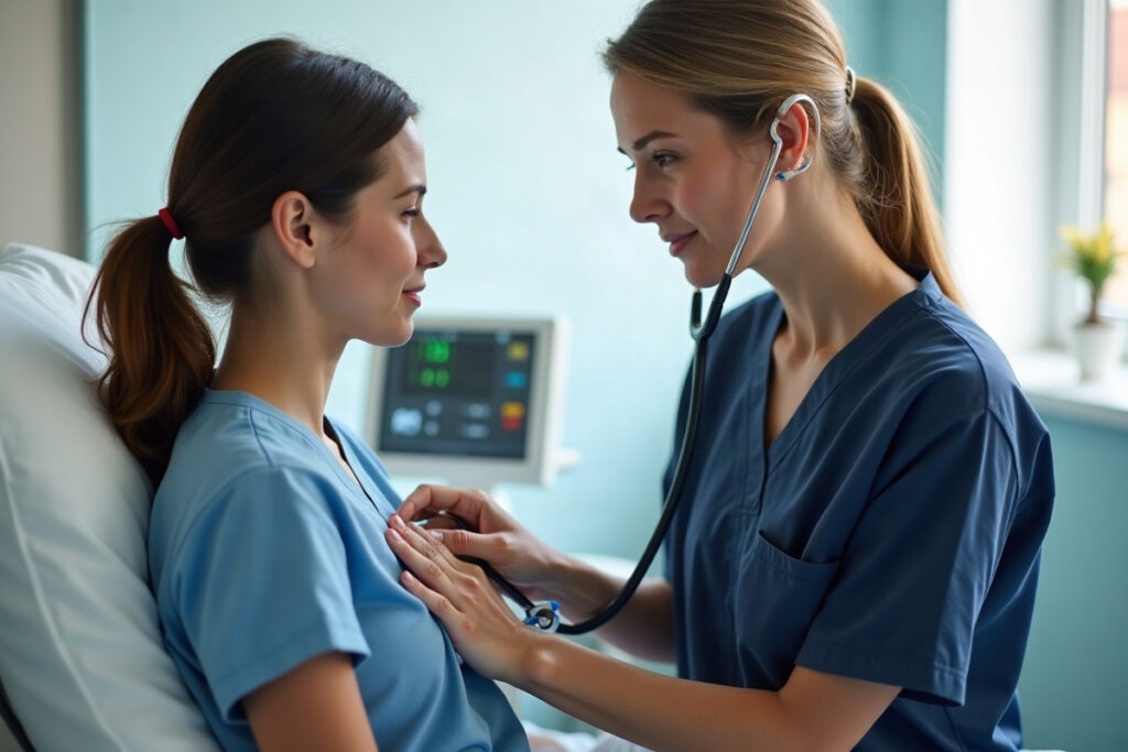 Nurse in scrubs auscultating a seated patient's lungs with a stethoscope in a hospital room