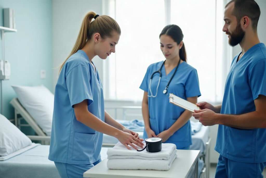 Nursing assistant in scrubs beside a hospital bed while an evaluator with a clipboard observes the CNA skills test