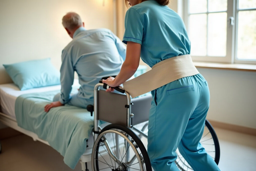 Nurse aide preparing to transfer an older resident from the bed to a wheelchair positioned beside the bed