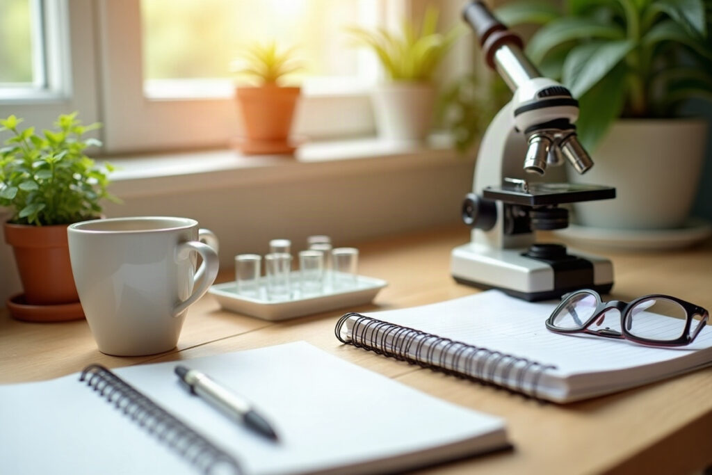 Microscope, glass slides, potted plant and a notebook on a sunlit desk set up for HESI A2 biology study