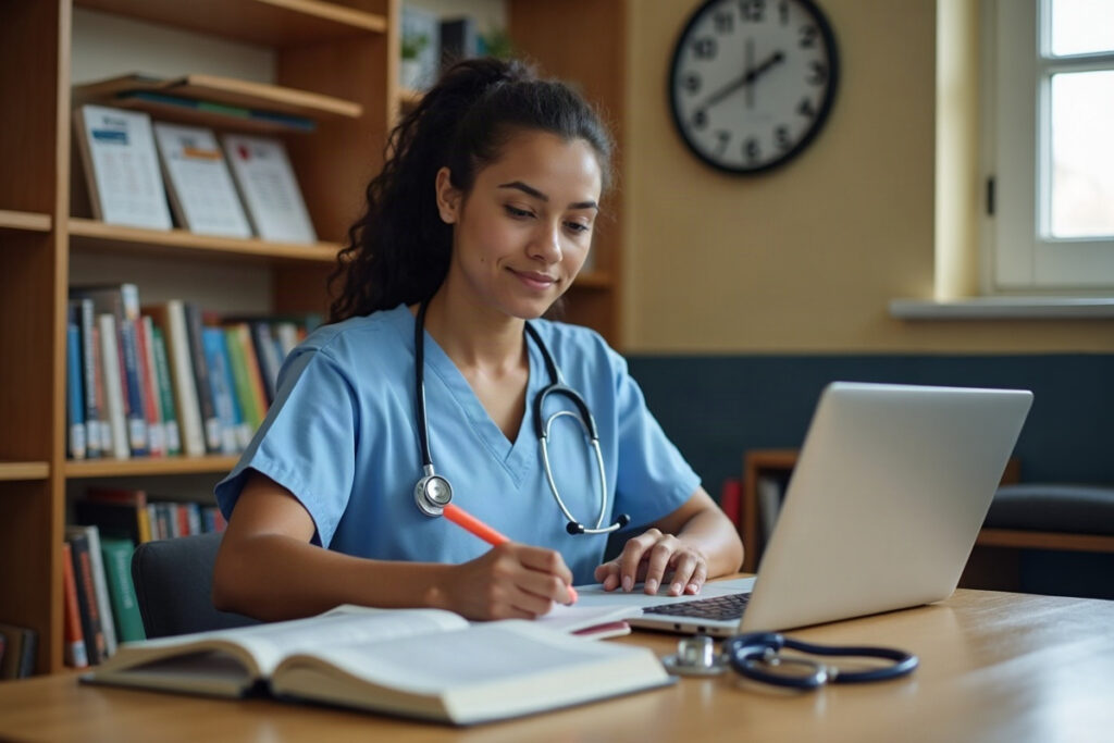 Nursing student studying for the NCLEX at a library table with a textbook, laptop practice questions, calendar and clock