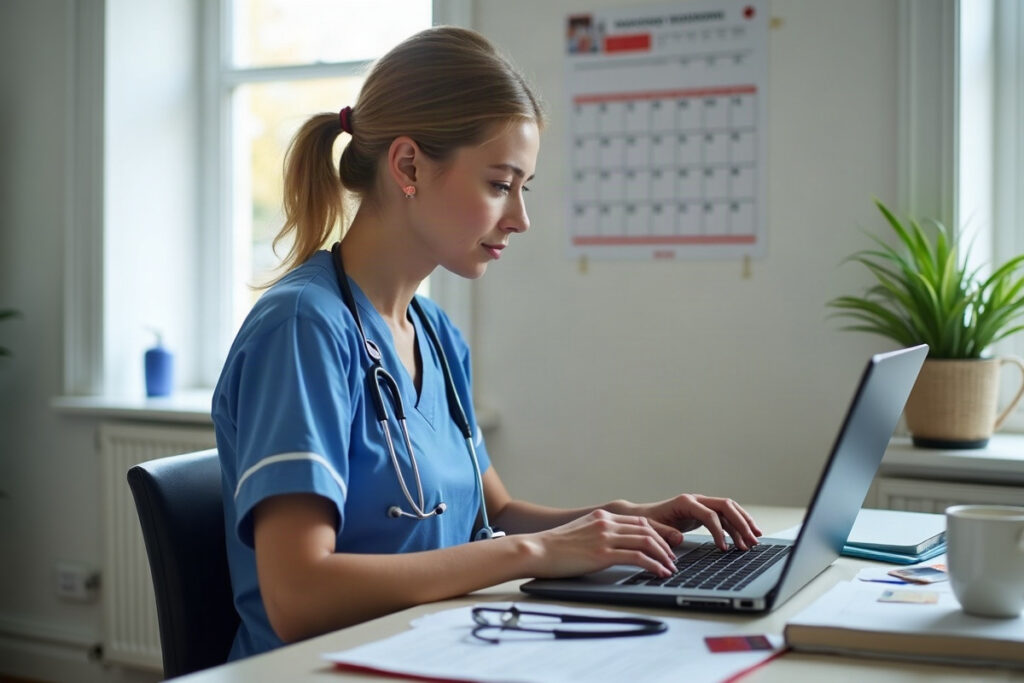 Nursing graduate registering for the NCLEX on a laptop with an ID card, credit card and calendar on the desk