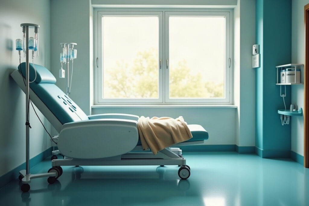 Calm oncology infusion suite with a recliner, IV pump, and infection-control supplies