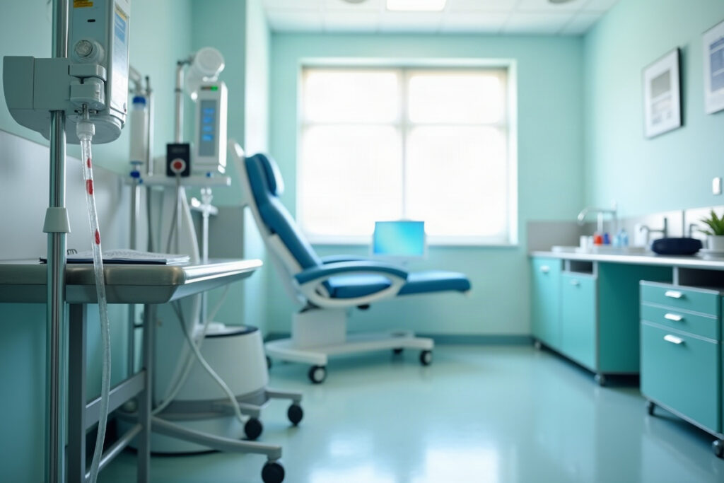 Hemodialysis machine and treatment chair in a bright modern clinic dialysis bay