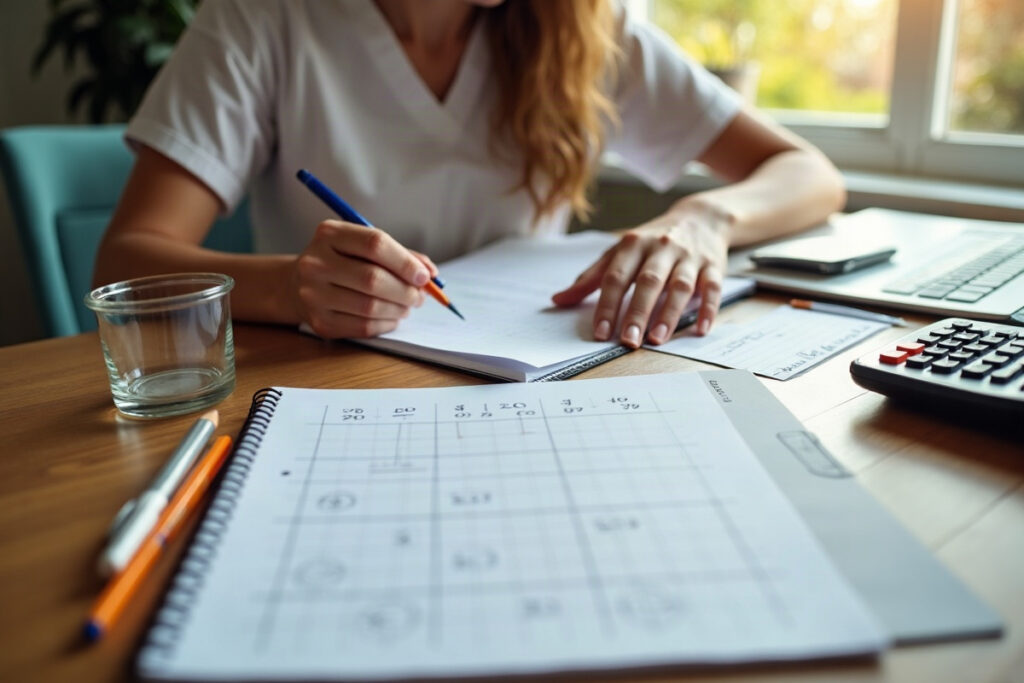 Nursing applicant practicing TEAS 7 math with a notebook, calculator, ruler and graph paper