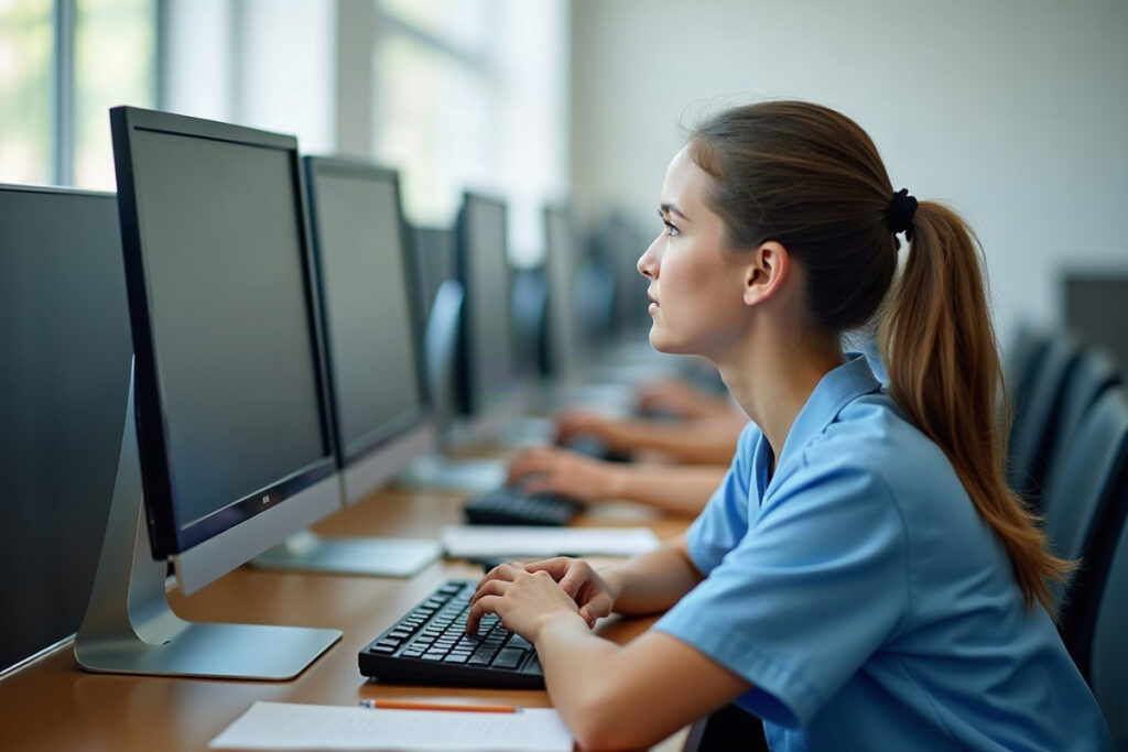 Nursing school applicant taking the ATI TEAS 7 at a computer in a quiet testing room with scratch paper on the desk